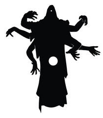 The black silhouette of a sinister magician, a sectarian with many creepy hands in different poses forming a magical sphere of energy. she is parting in the air wearing a loose robe with a hood. 2d