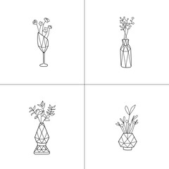 Set of cute vases with garden blooming flowers. All elements are hand-drawn. Vector cartoon illustration. Flowers whith cute vases.