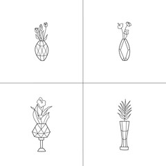 Set of cute vases with garden blooming flowers. All elements are hand-drawn. Flat cartoon illustration. Vector illustration. The bouquets with tulip and anthurium on white background.