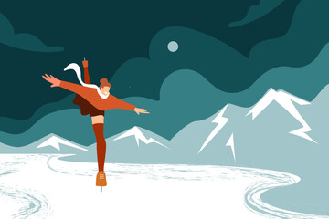 Young girl character on the ice trick in a skirt skates on the background of an abstract flat winter landscape. Woman in skirt, winter sports.