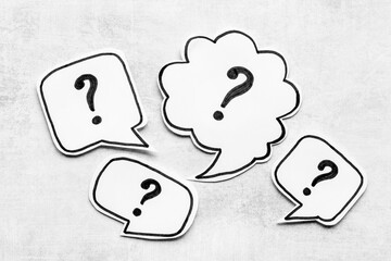 Question mark on table - solution concept. Top view