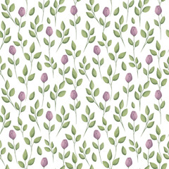 Floral hand drawn seamless pattern with roses and leaves on white background. Purple Flowers and green leaves print for textile, fabric, wallpaper, wrapping paper, covering, design and decoration. 