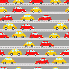Seamless pattern with cute cars on blue background. Cartoot transport. Vector illustration. Doodle style. Design for baby print, invitation, poster, card, fabric, textile