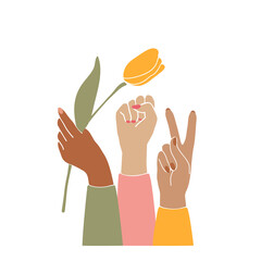 Illustration woman's hand holds a flower,fist and V-sign in the air. Feminist vector lineart artwork.