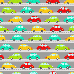 Seamless pattern with cute cars on blue background. Cartoot transport. Vector illustration. Doodle style. Design for baby print, invitation, poster, card, fabric, textile