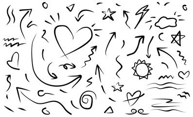 set of doodle elements black on white background. Arrow, heart, love, star, sun, light, flower, heart.line art style. vector