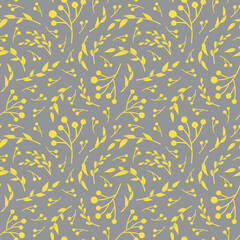 Illuminating yellow and ultimate gray floral vector seamless pattern. Yellow leaves on gray background. Abstract floral pattern. Vector illustration. Simple design for fabric, wallpaper, textile