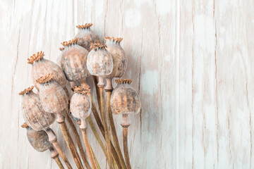 Poppy heads on wooden background