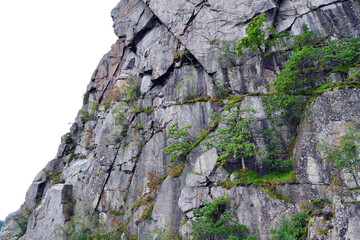 View on the high mountain. Boat travel in Fjords. Lysefjord, near Stavanger, Rogaland county, Norway