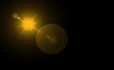 Overlay, flare light transition, effects sunlight, lens flare, light leaks. High-quality stock image of warm sun rays light effects, overlays or golden flare isolated on black background for design