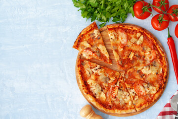 Tasty pizza with chicken and mushrooms, top view