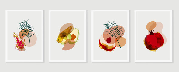 Fruits wall art Gold background vector.  Hand drawn tropical fruit with golden and watercolor texture. Vector illustration for prints, wall decoration, wallpaper and cover design. 