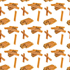 Fragrant cinnamon sticks isolated on white background. Seamless pattern.