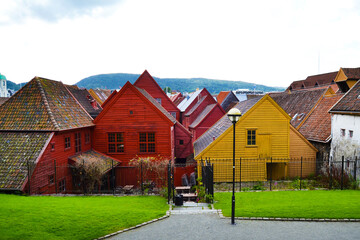 Fototapeta premium Traditional wooden colorful houses with tile roofs in Bergen, Norway