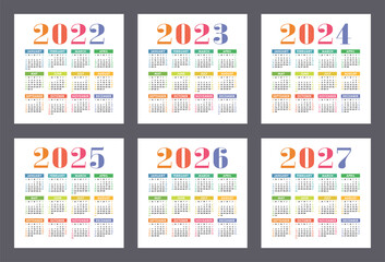 Calendar 2022, 2023, 2024, 2025, 2026 and 2027 years. English colorful vector set. Square wall or pocket calender template. Design collection. New year. Week starts on Sunday