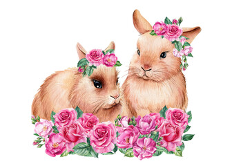 Cut bunnies with pink flowers on white isolated background, watercolor illustration