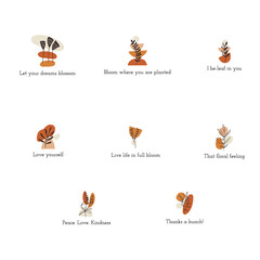 Clipart set with floral elements and flower phrases. Vector illustration.