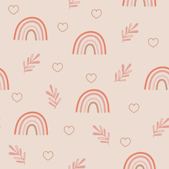 Seamless pattern design with rainbows and floral branches. Vector illustration.