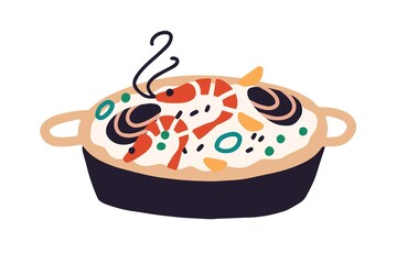 Traditional Spanish food with rice, seafood and vegetables. Paella dish with shrimps and mussels. Colored flat vector illustration isolated on white background