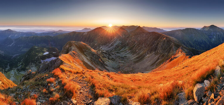 Slovakia mountain landscape at dramatic sunset, Panorama of Rohace Tatras © TTstudio