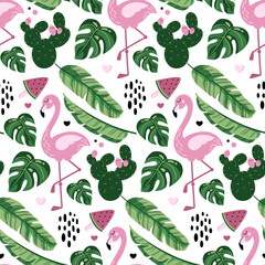 Flamingo seamless pattern with banana and monstera leaves, watermelon ice cream and cactus. Cute tropical wallpaper and fabric print. Doodle vector illustration. © Maria