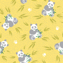 seamless pattern with panda and bamboo leaves, wild cute animal gnaws a bamboo branch on a yellow background, bear footprints