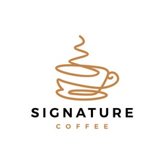 signature coffee one line continuous logo vector icon illustration