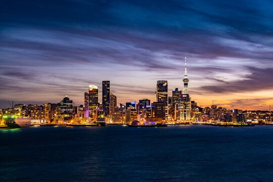 Skyline image of Auckland, New Zealand after sunset 