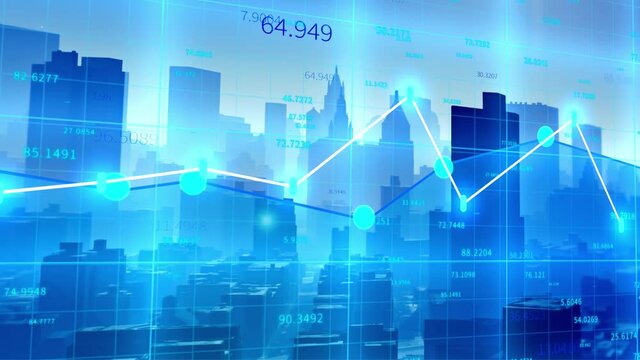 4K financial chart with tech city background;Business tech digital Data trend hud Graph;Changing Economic node line;Digital Tableau of Stock Market Values.