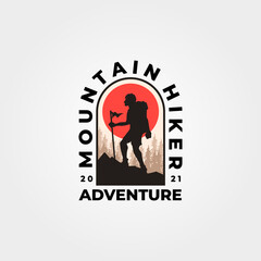 man hiking mountain logo vector vintage adventure expedition illustration design