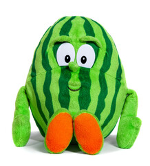 A toy watermelon with a smile on his face. Children's toy of green color.

