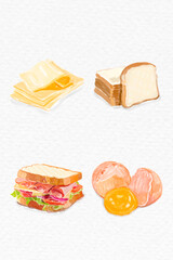 Sandwich ingredients vector watercolor drawing collection