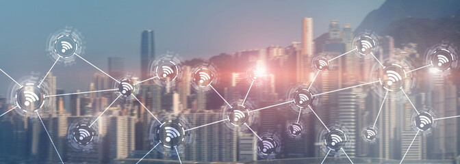 Wifi city communication technology fast internet connection 5g wireless concept. modern city view with icons.
