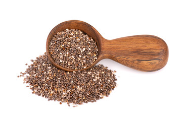 Chia seeds in wooden spoon, isolated on white background. Healthy superfood. Organic chia seeds.