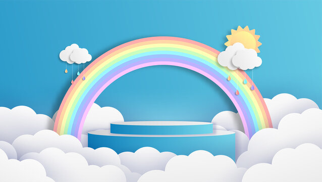 Circular stage podium season decorated with clouds, rainbow and blank space. Summer season backdrop. paper cut and craft style. vector, illustration.