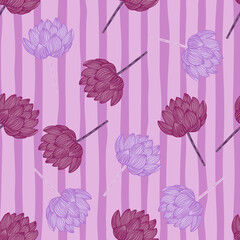 Decorative seamless pattern with random lotus flower silhouettes print. Lilac striped background. Simple design.