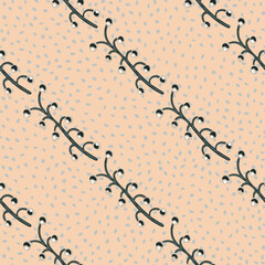 Geometric botanic seamless pattern with doodle dark berry branches shapes. Light pink dotted background.