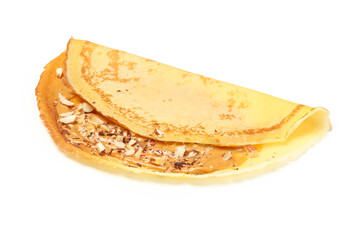 Crepe with peanut butter and nuts isolated on white background