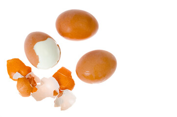 Boiled chicken eggs with colored shells on white background.