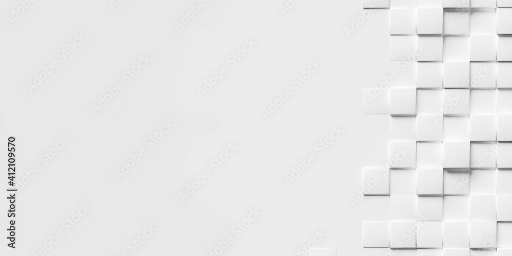 Poster abstract white background made of stacked cubes with copy space in the middle and on the left. 3d re