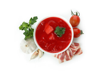 Beetroot soup and ingredients isolated on white background