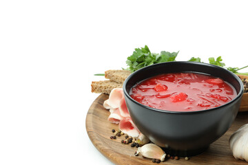 Beetroot soup and ingredients isolated on white background
