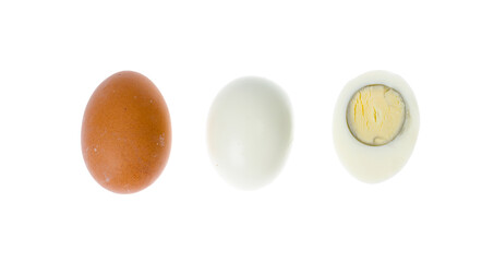 Boiled chicken eggs with colored shells on white background.