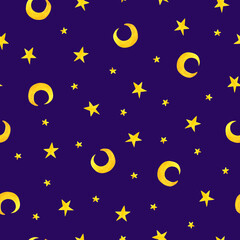 Watercolor Illustration Hand Painted Seamless Pattern Print Baby Nursery Night Stars Moon Blue Background