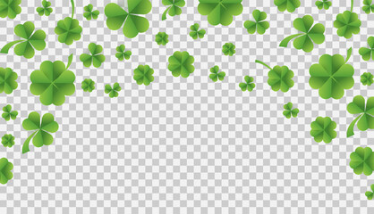 Patrick day background with vector four-leaf clover pattern background. Vector green grass clover pattern background