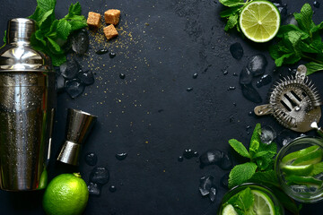 Ingredients for making mojito - traditional mexican cold drink with lime and mint.