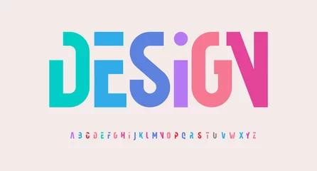 Fotobehang Creative alphabet, rainbow colors, modern geometric font. Bright colorful type for futuristic or kid logo, headline, lettering and typography. Trendy style letters, vector typographic design © artyway