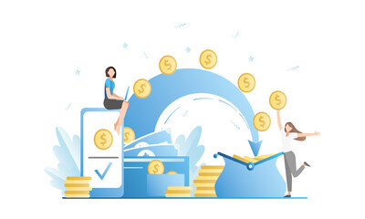 Woman online transfers money from account to account on laptop. Happy girl gets cash. Internet banking services on website, in application. People and banknotes, wallet. Vector illustration.