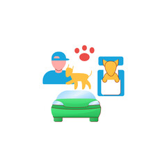 Dog car seat flat icon. Help small dogs see out window while staying restrained in back seat. Protect your pet concept. 3D color vector illustration
