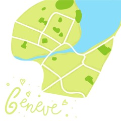 Cartoon colored flat map of the center of Geneve. the land is green. White mail streets. Funny cute European Switzerland city map. Vector illustration.